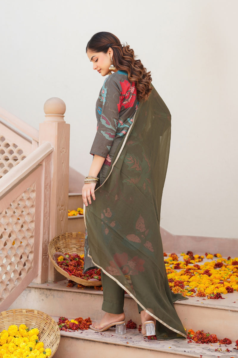 Olive Rayon Blend Floral Printed Straight Suit Set PKSKD2426