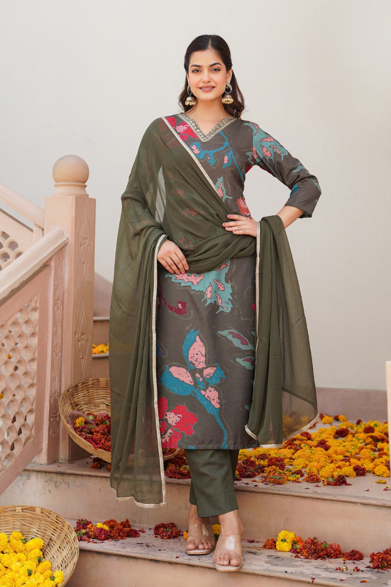 Olive Rayon Blend Floral Printed Straight Suit Set PKSKD2426