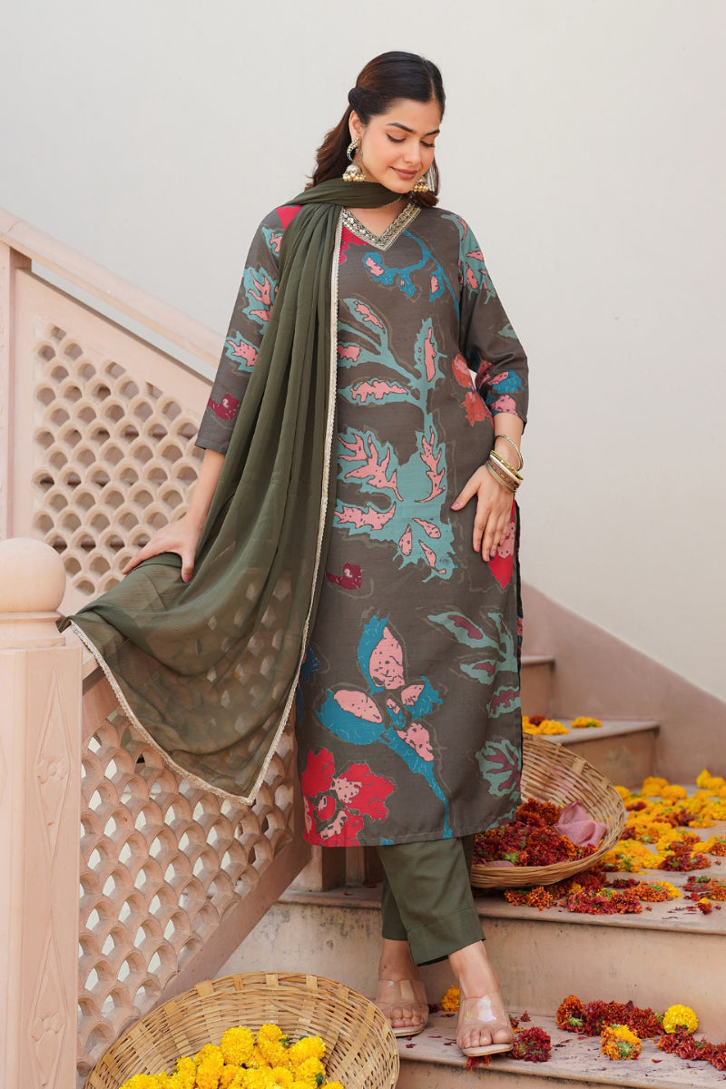 Olive Rayon Blend Floral Printed Straight Suit Set PKSKD2426