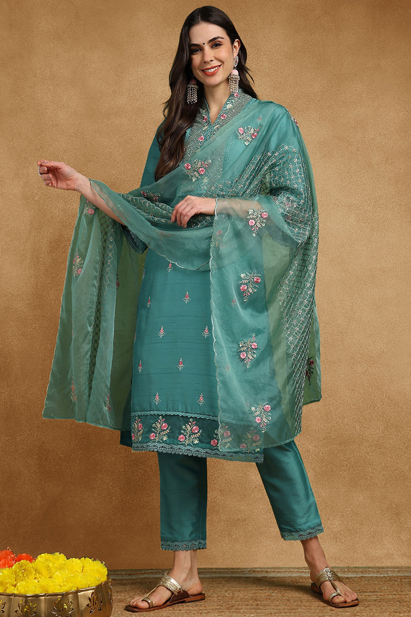 Teal Green Silk Blend Solid Embroidered Straight Suit Set PKSKD2427