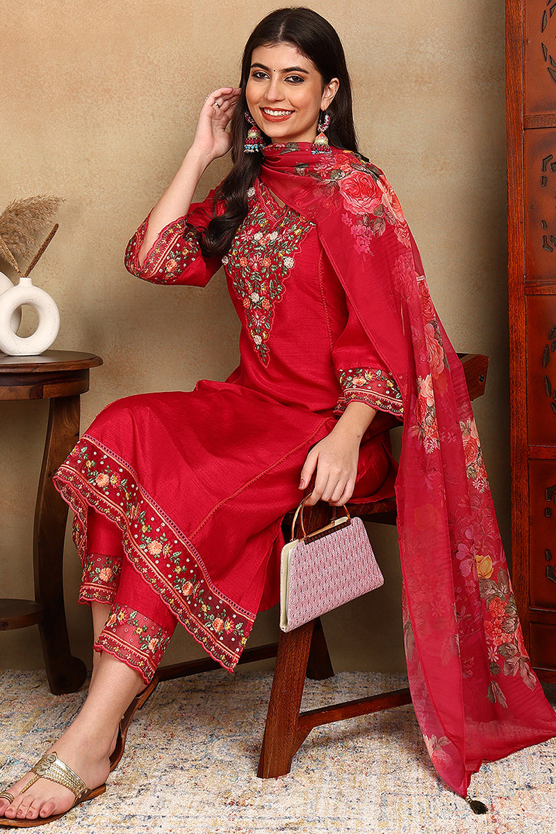 Rani Pink Silk Blend Solid Embroidered Straight Trouser Bottom Suit Set PKSKD2472