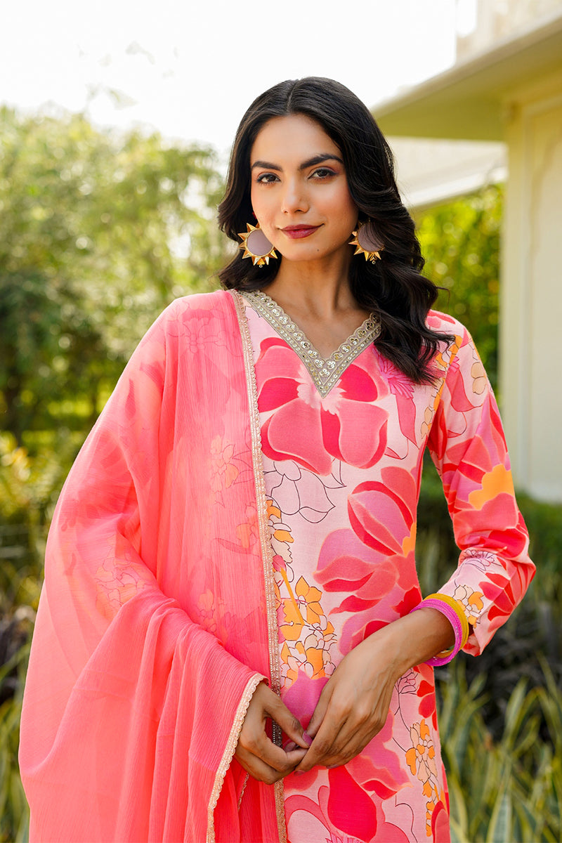 Peach Rayon Blend Floral Printed Straight Trouser Suit Set PKSKD2477