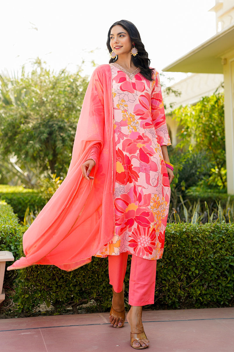 Peach Rayon Blend Floral Printed Straight Trouser Suit Set PKSKD2477