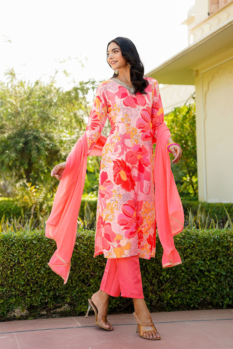 Peach Rayon Blend Floral Printed Straight Trouser Suit Set PKSKD2477