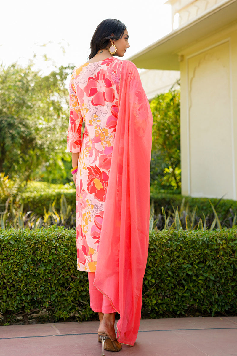 Peach Rayon Blend Floral Printed Straight Trouser Suit Set PKSKD2477