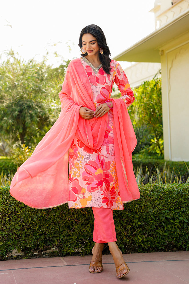 Peach Rayon Blend Floral Printed Straight Trouser Suit Set PKSKD2477