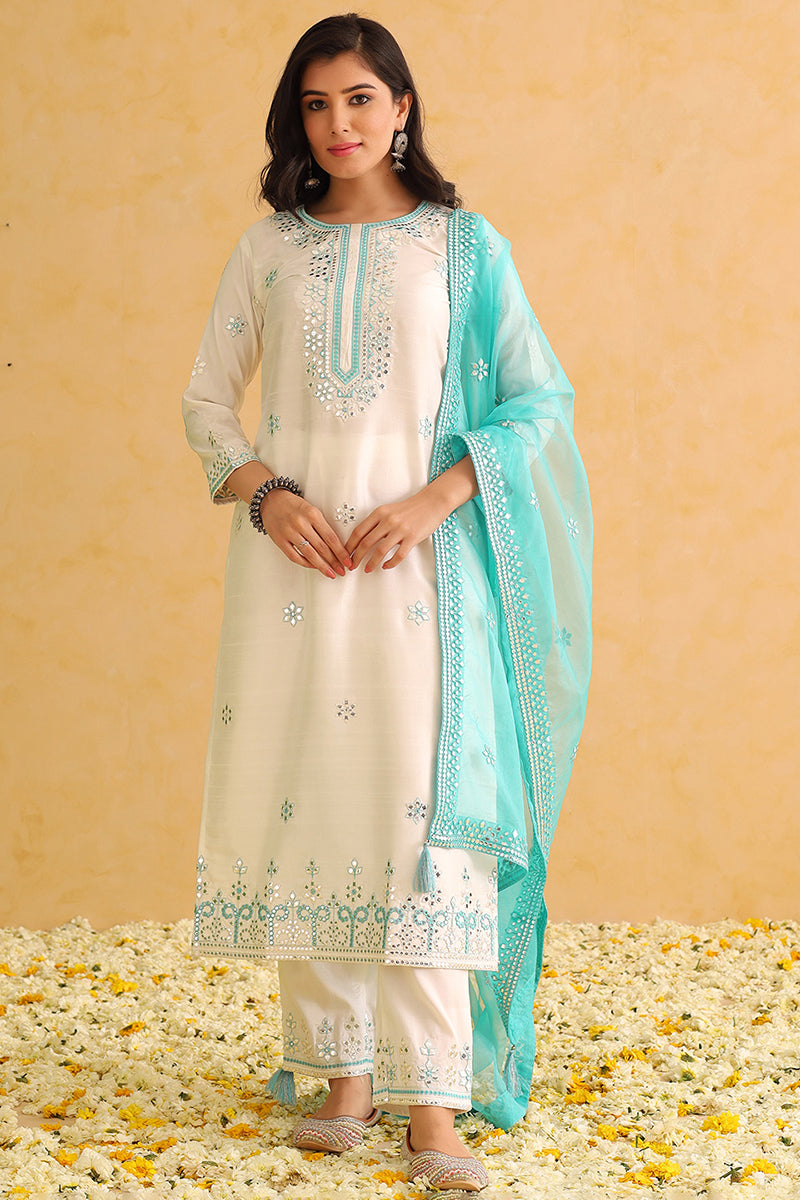 White Silk Blend Solid Embroidered Straight Trouser Suit Set PKSKD2478