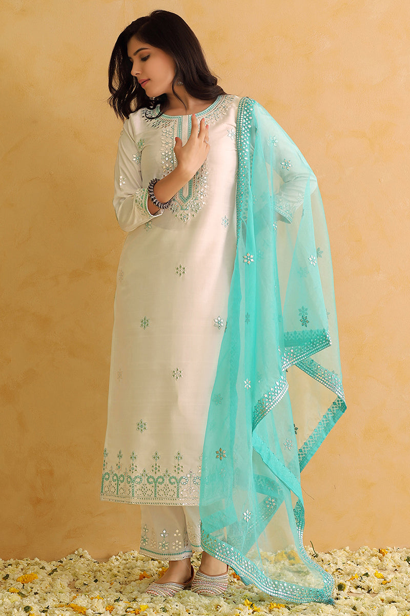 White Silk Blend Solid Embroidered Straight Trouser Suit Set PKSKD2478