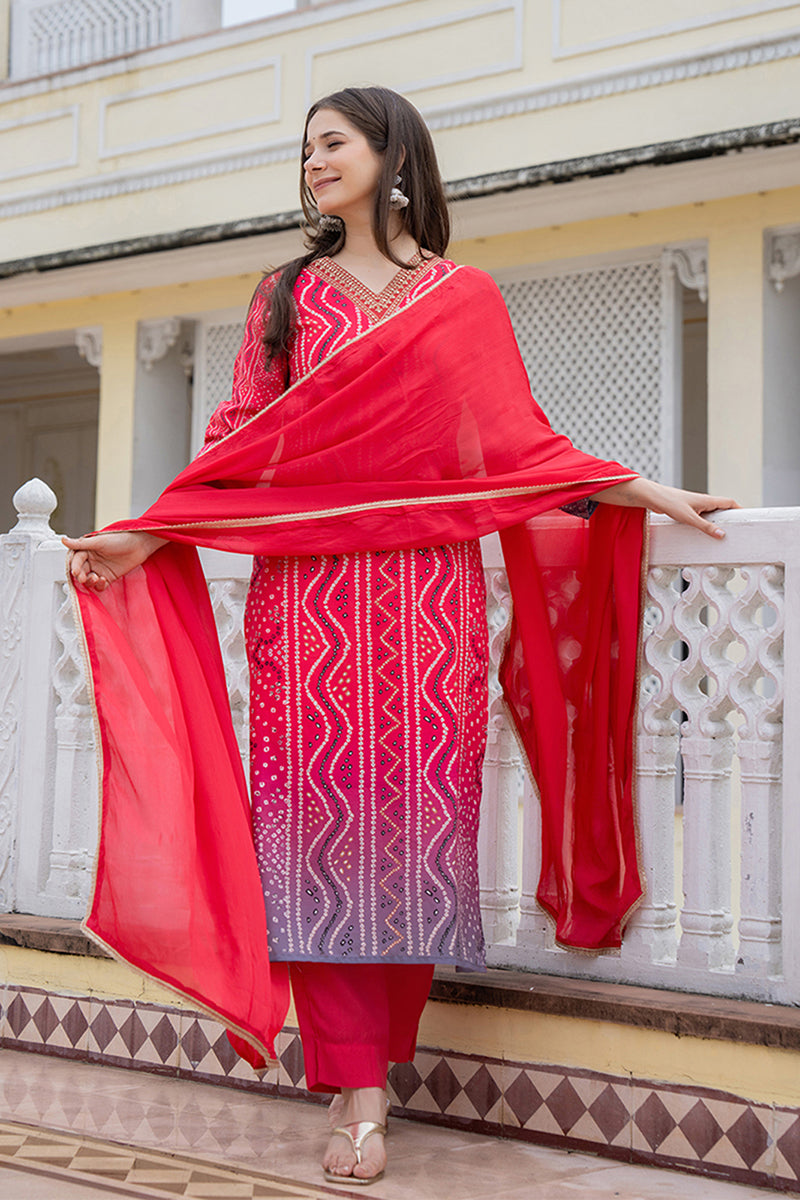 Red Rayon Blend Bandhani Printed Straight Trouser Bottom Suit Set PKSKD2484