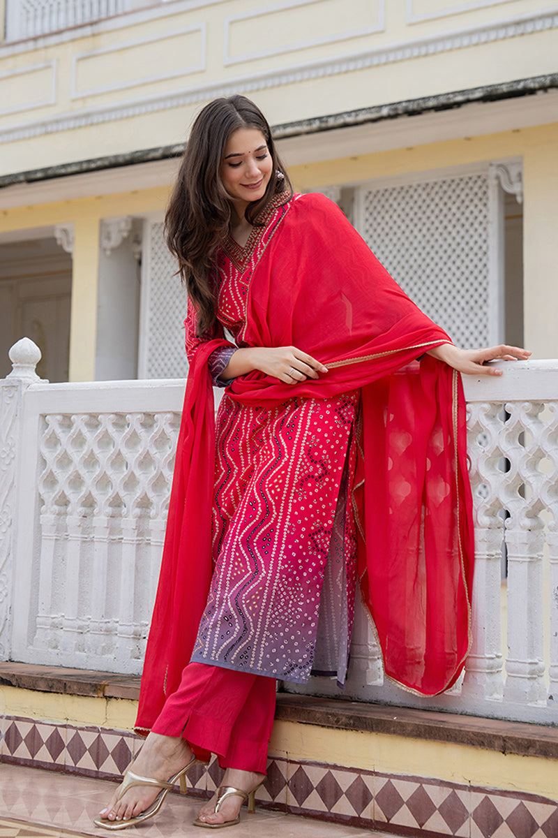 Red Rayon Blend Bandhani Printed Straight Trouser Bottom Suit Set PKSKD2484