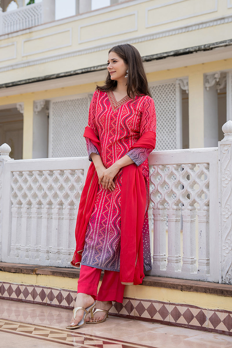Red Rayon Blend Bandhani Printed Straight Trouser Bottom Suit Set PKSKD2484