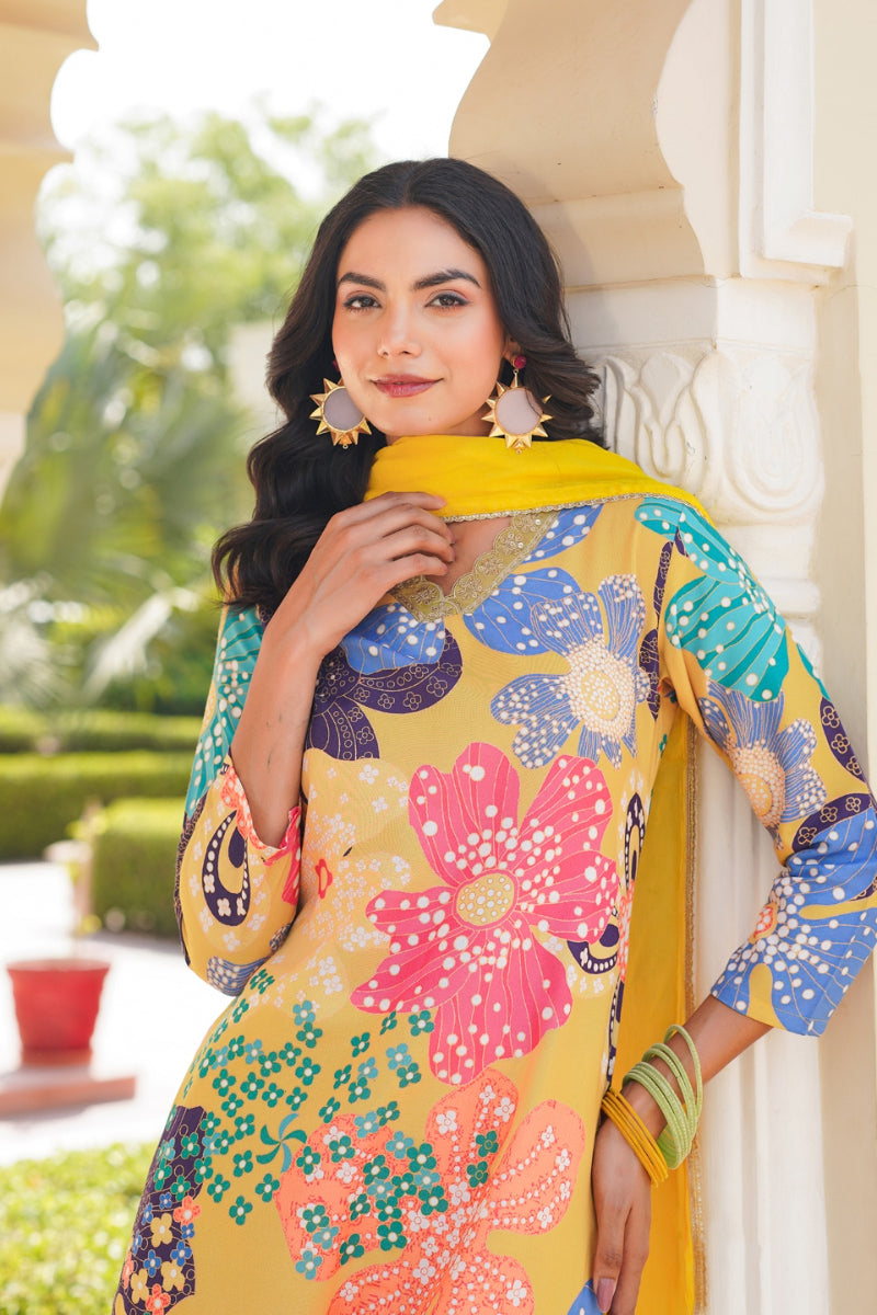 Yellow Cotton Blend Floral Printed Straight Trouser Suit Set PKSKD2492