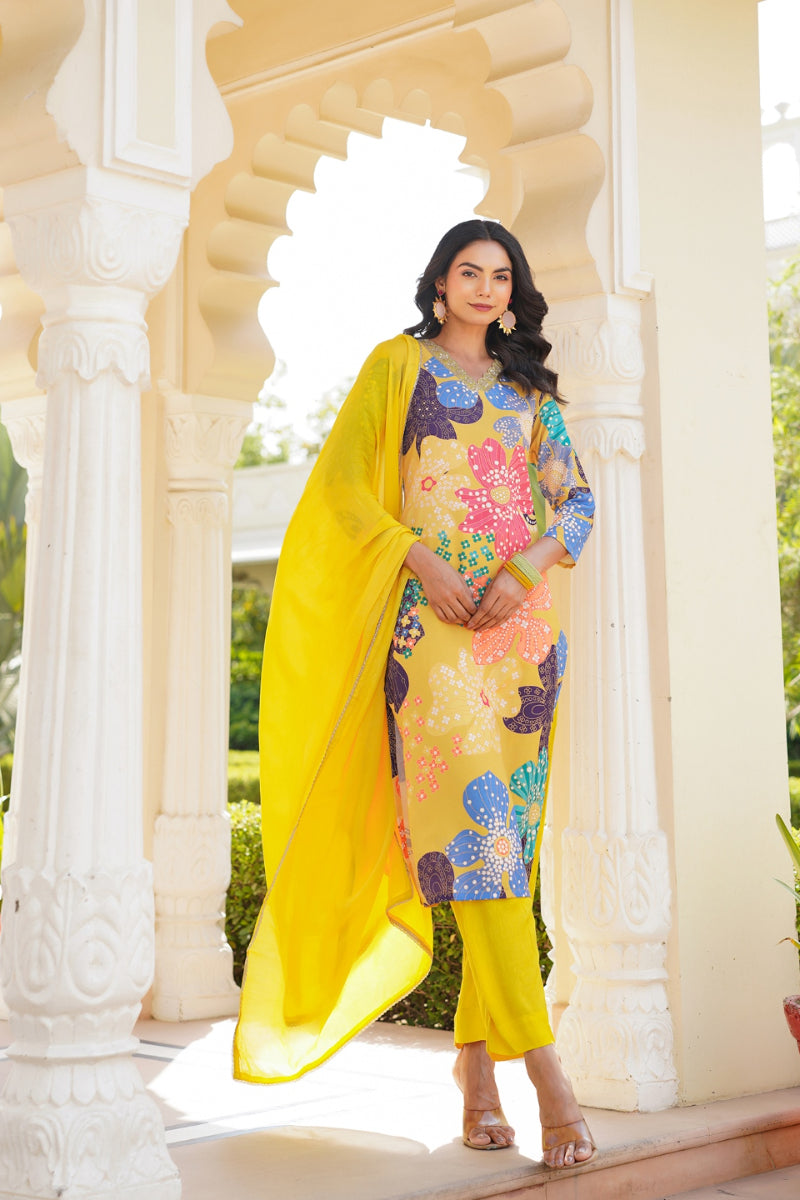 Yellow Cotton Blend Floral Printed Straight Trouser Suit Set PKSKD2492