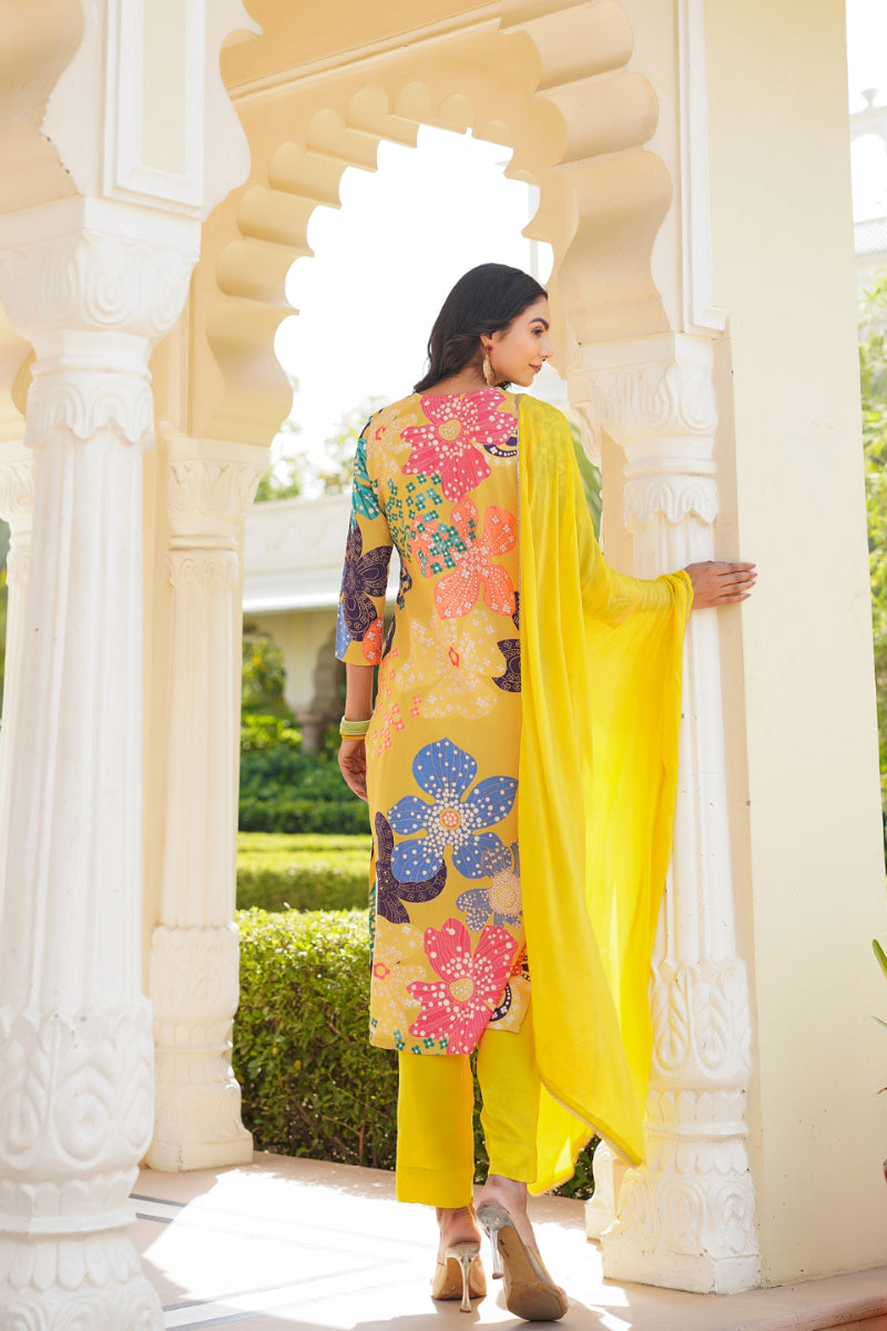 Yellow Cotton Blend Floral Printed Straight Trouser Suit Set PKSKD2492
