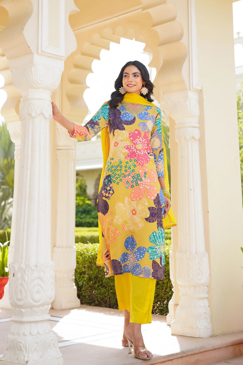 Yellow Cotton Blend Floral Printed Straight Trouser Suit Set PKSKD2492