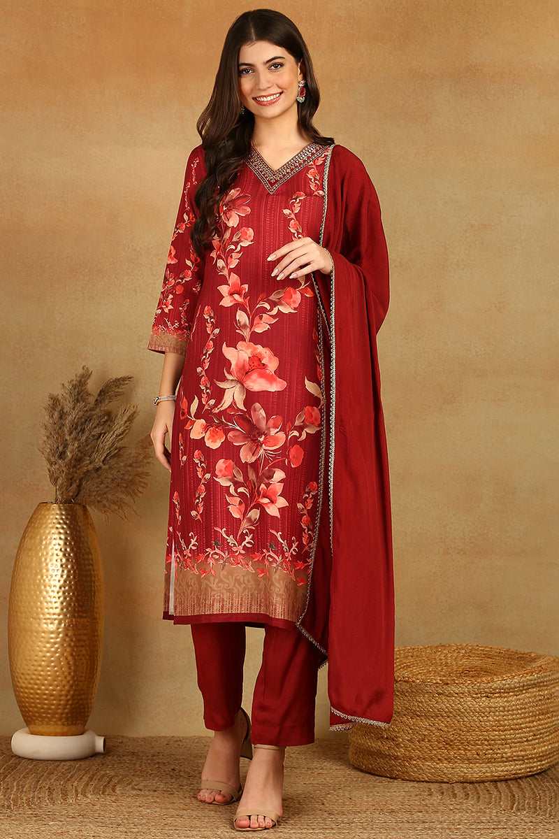 Maroon Rayon Blend Floral Printed Straight Trouser Suit Set PKSKD2526MRN