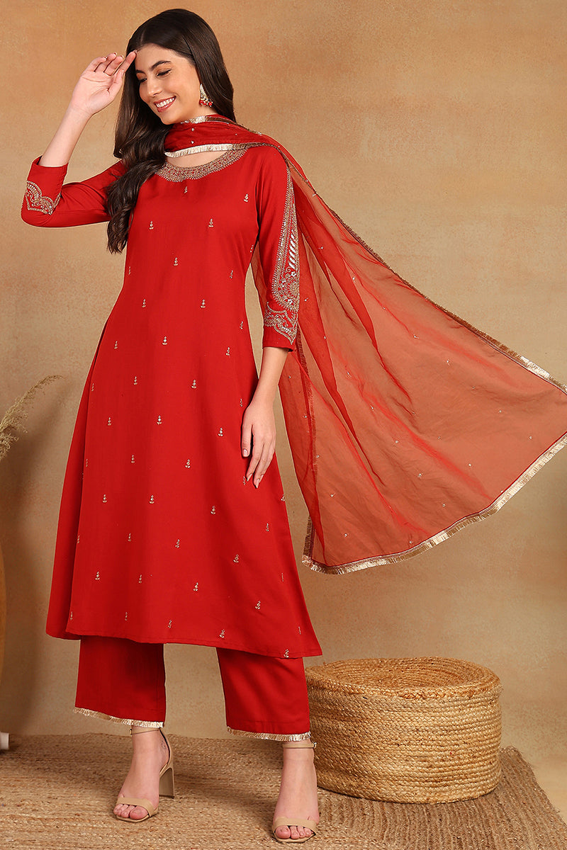 Red Silk Blend Solid Embroidered A-Line Trouser Bottom Suit Set PKSKD2535RED