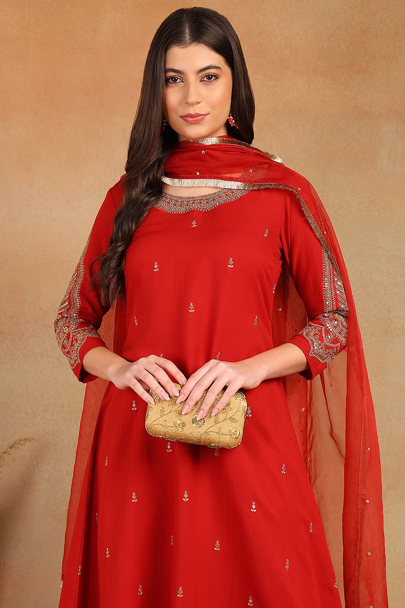 Red Silk Blend Solid Embroidered A-Line Trouser Bottom Suit Set PKSKD2535RED