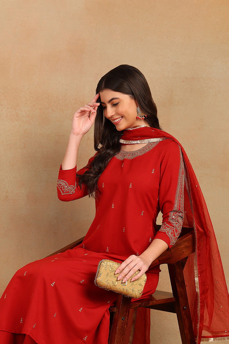 Red Silk Blend Solid Embroidered A-Line Trouser Bottom Suit Set PKSKD2535RED