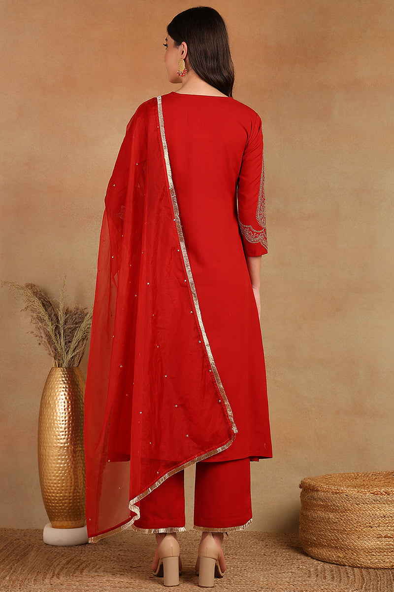 Red Silk Blend Solid Embroidered A-Line Trouser Bottom Suit Set PKSKD2535RED
