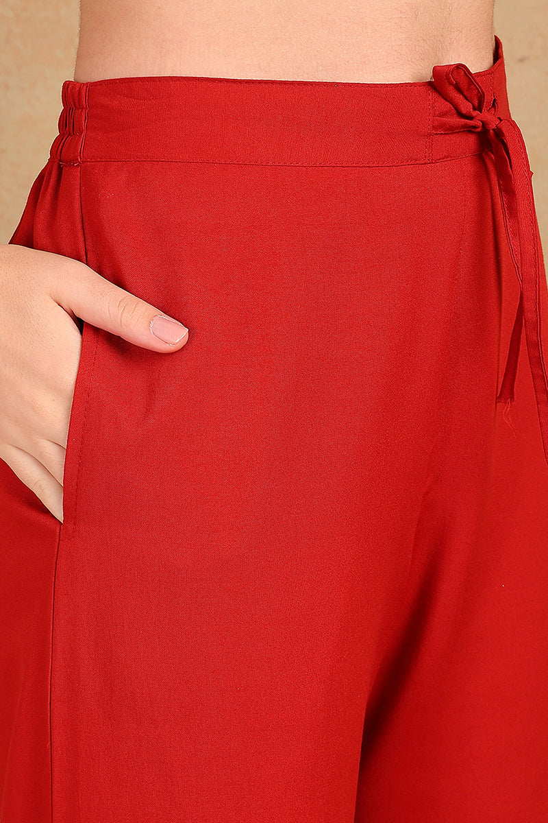 Red Silk Blend Solid Embroidered A-Line Trouser Bottom Suit Set PKSKD2535RED