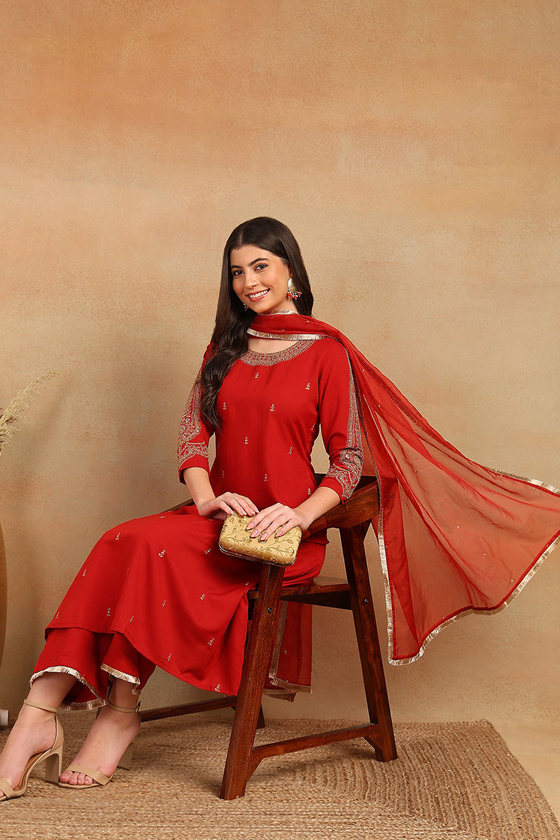 Red Silk Blend Solid Embroidered A-Line Trouser Bottom Suit Set PKSKD2535RED
