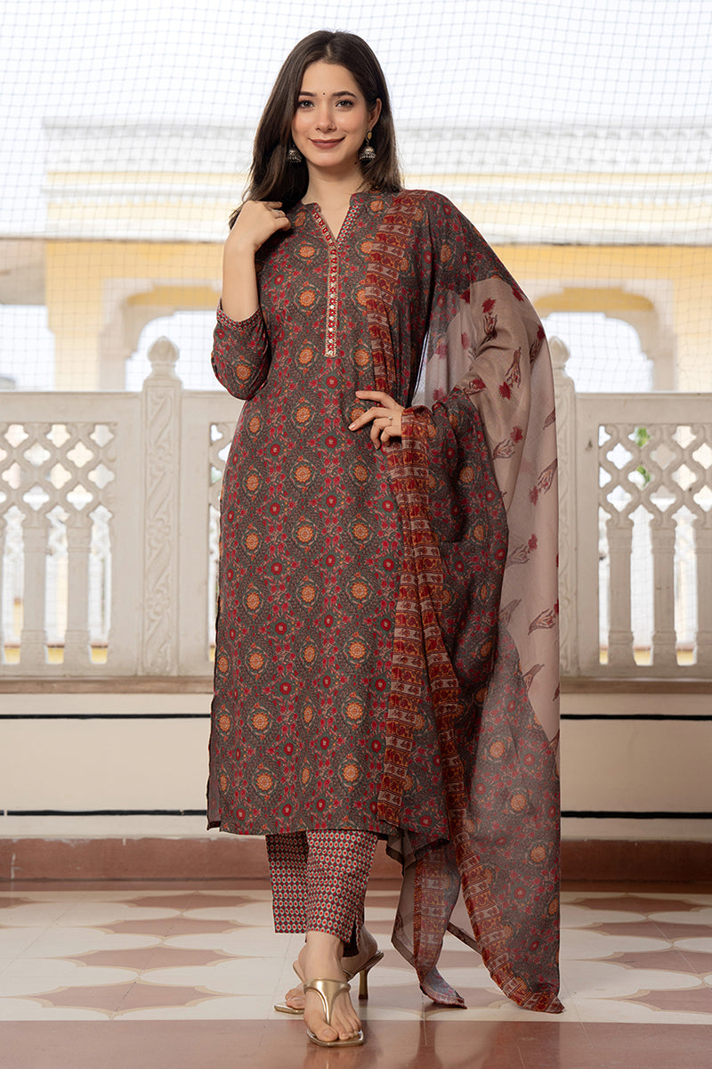 Green Rayon Blend Floral Printed Straight Trouser Bottom Suit Set PKSKD2569GRN