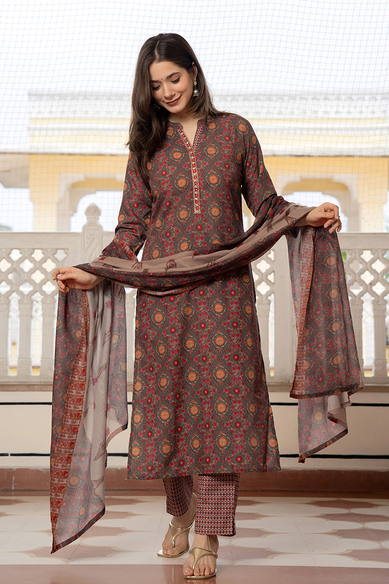 Green Rayon Blend Floral Printed Straight Trouser Bottom Suit Set PKSKD2569GRN