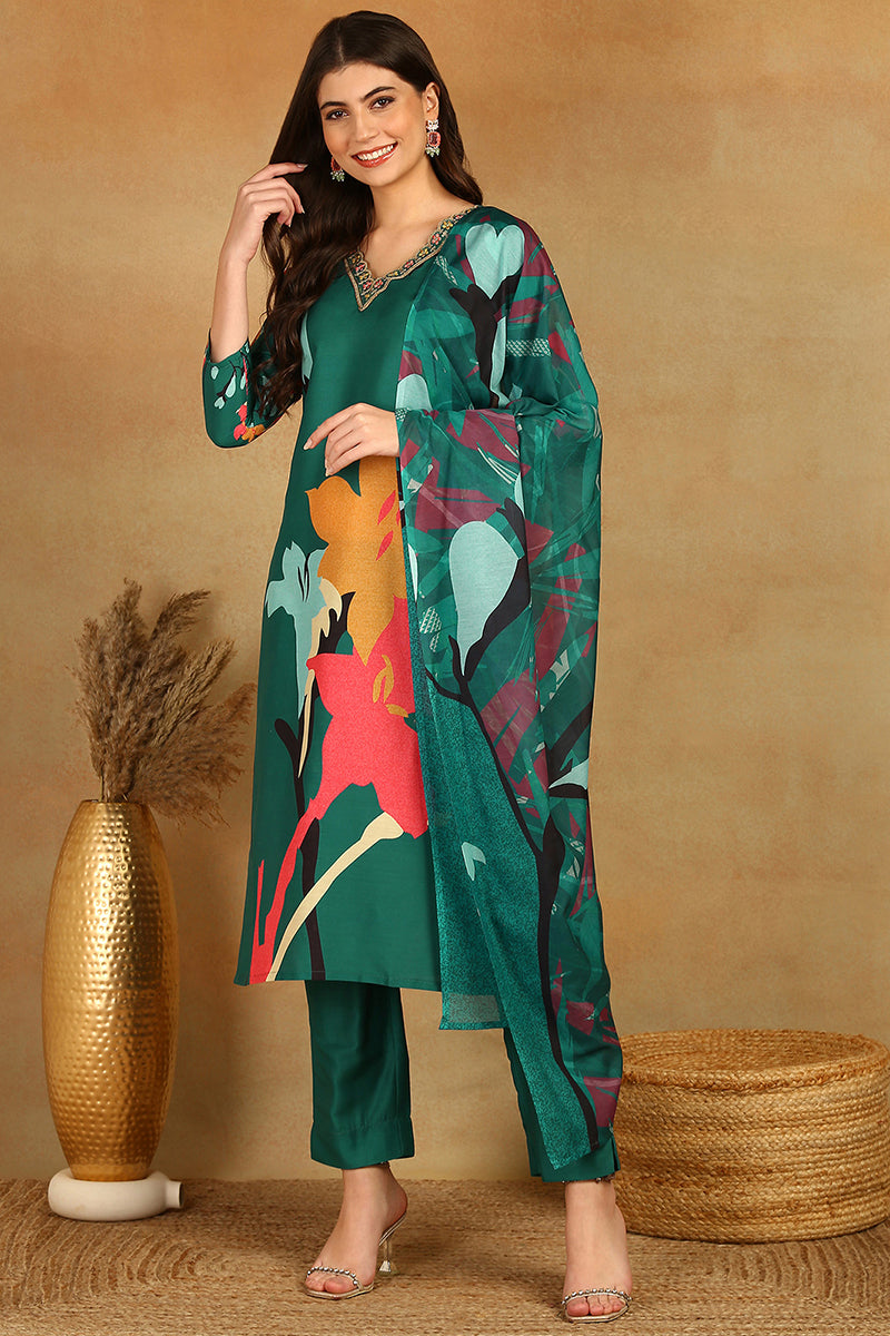 Green Rayon Blend Floral Printed Straight Trouser Bottom Suit Set PKSKD2598