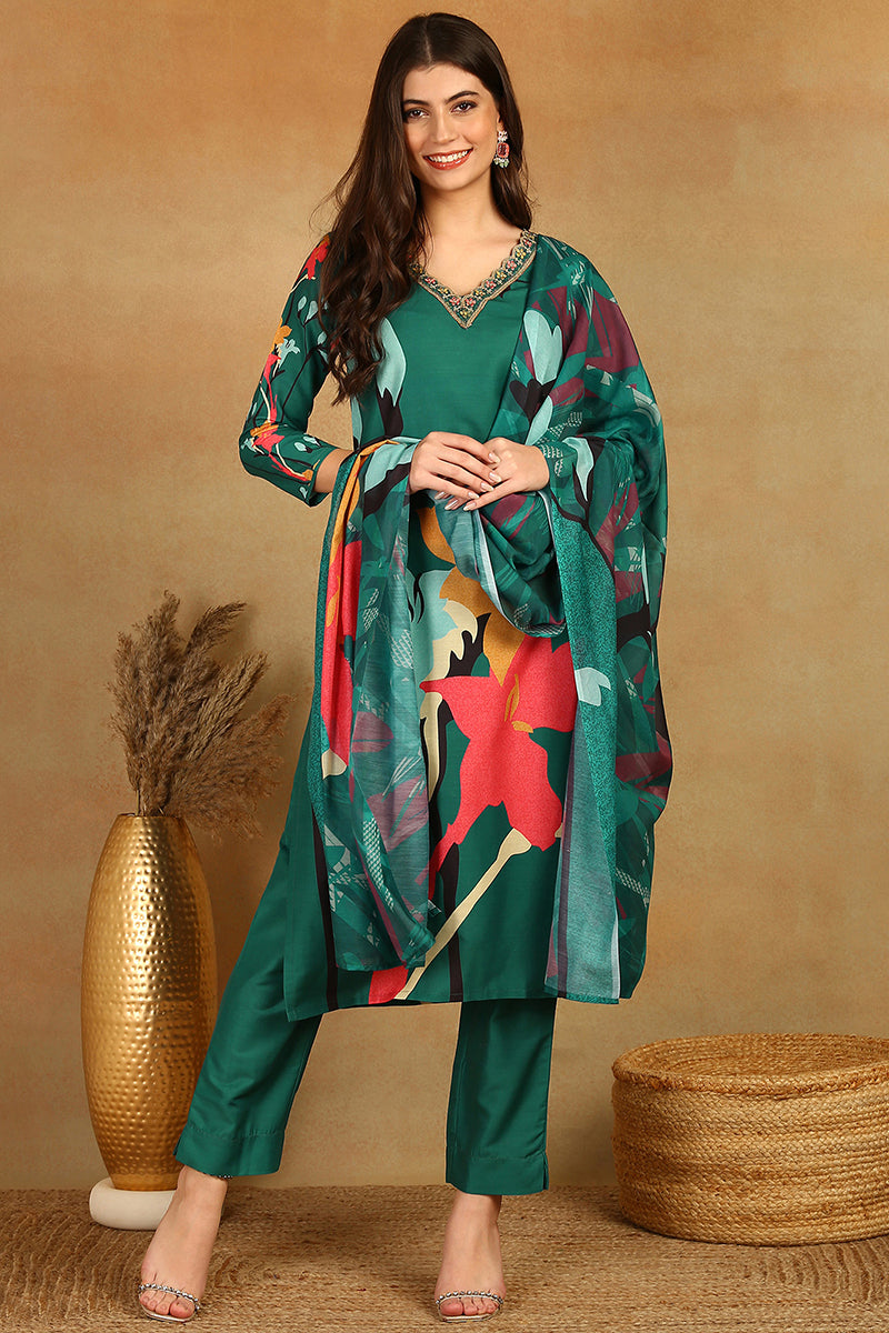 Green Rayon Blend Floral Printed Straight Trouser Bottom Suit Set PKSKD2598