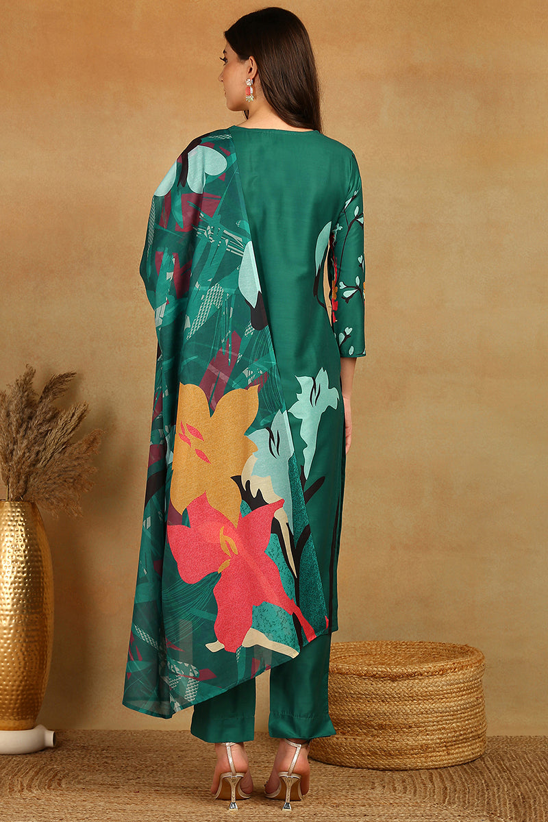 Green Rayon Blend Floral Printed Straight Trouser Bottom Suit Set PKSKD2598