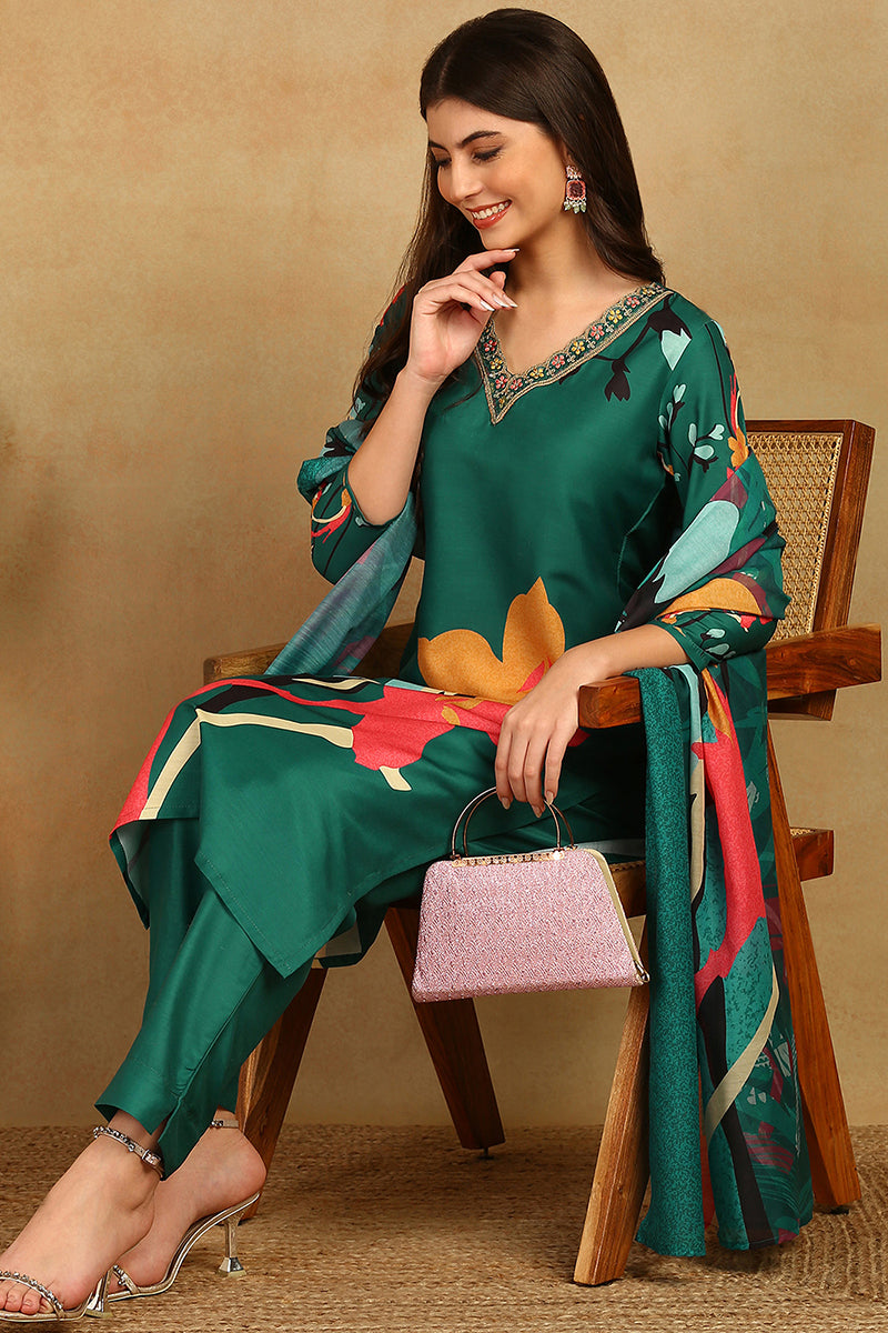 Green Rayon Blend Floral Printed Straight Trouser Bottom Suit Set PKSKD2598
