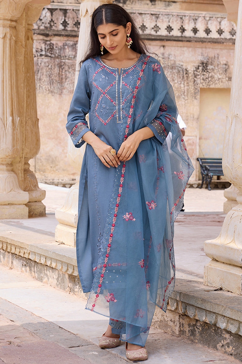 Blue Silk Blend Solid Embroidered Straight Trouser Bottom Suit Set PKSKD2634