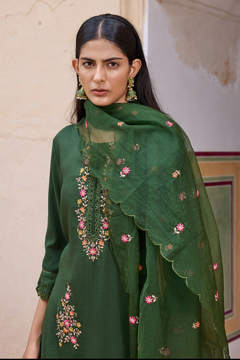Green Silk Blend Solid Embroidered Straight Trouser Bottom Suit Set PKSKD2635
