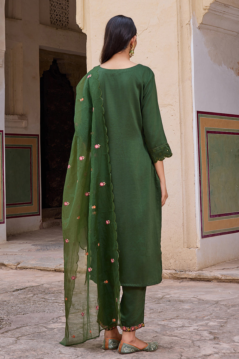 Green Silk Blend Solid Embroidered Straight Trouser Bottom Suit Set PKSKD2635