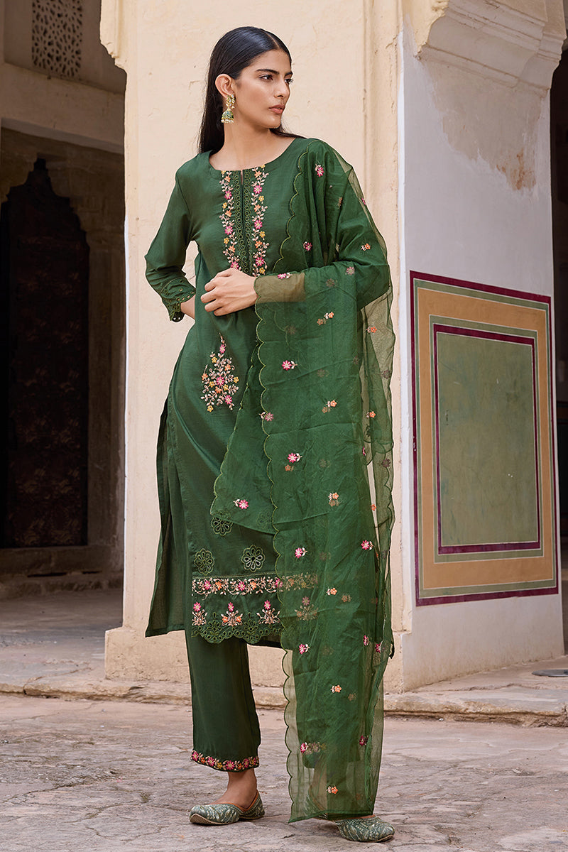 Green Silk Blend Solid Embroidered Straight Trouser Bottom Suit Set PKSKD2635
