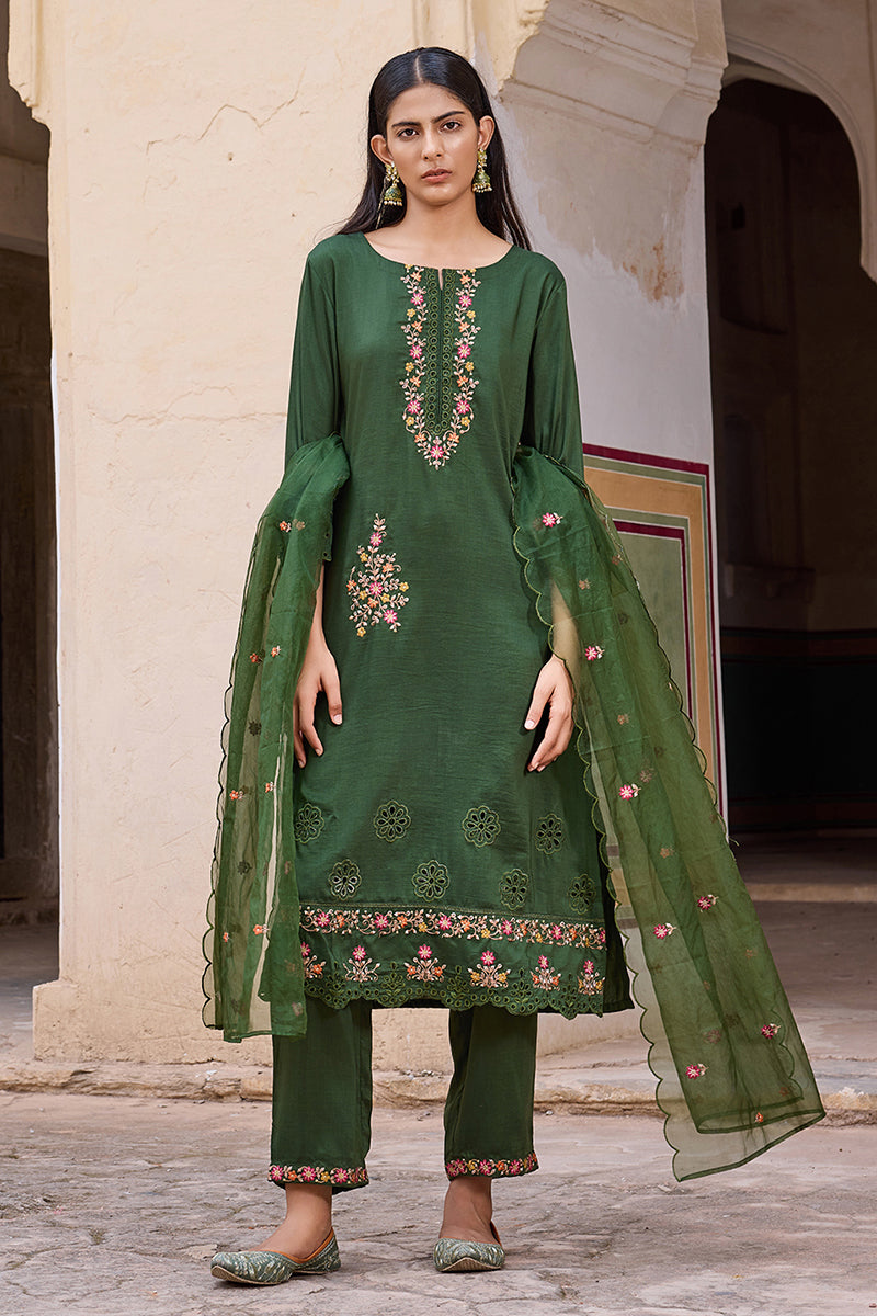 Green Silk Blend Solid Embroidered Straight Trouser Bottom Suit Set PKSKD2635