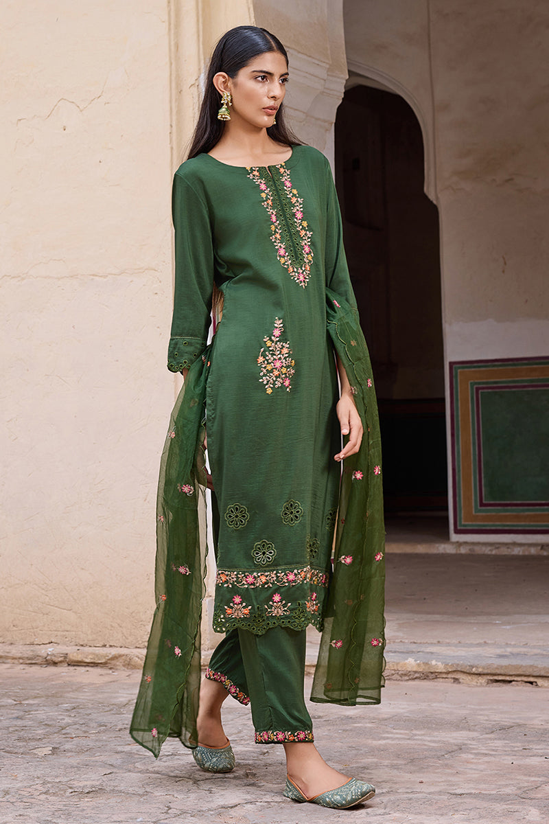 Green Silk Blend Solid Embroidered Straight Trouser Bottom Suit Set PKSKD2635