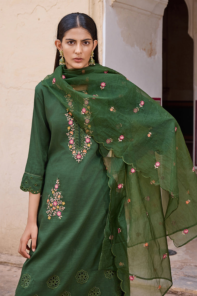 Green Silk Blend Solid Embroidered Straight Trouser Bottom Suit Set PKSKD2635