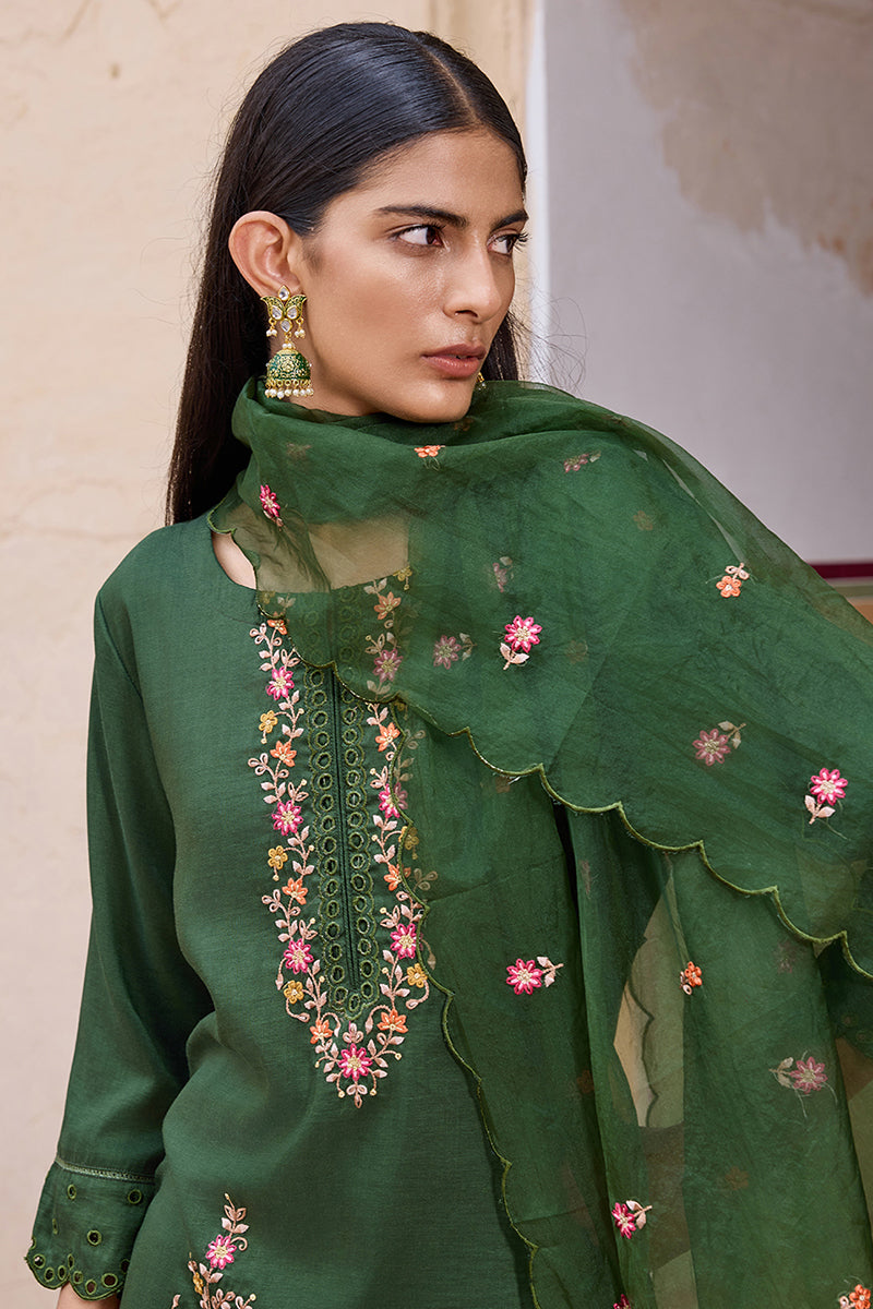 Green Silk Blend Solid Embroidered Straight Trouser Bottom Suit Set PKSKD2635