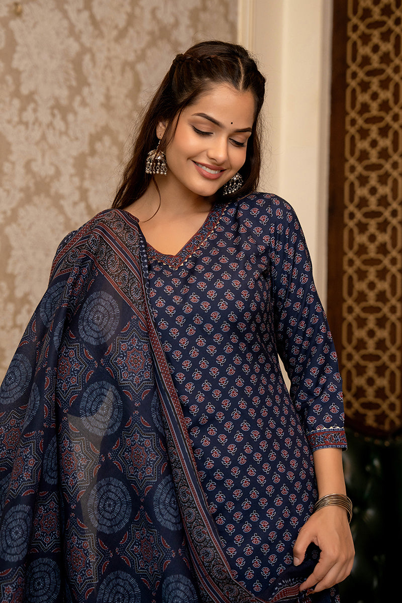 Navy Blue Rayon Blend Ajrakh Printed Straight Trouser Suit Set PKSKD2647