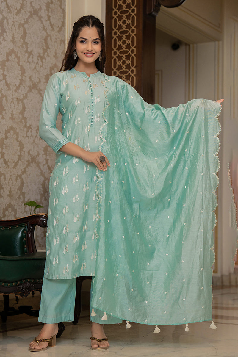Sea Green Silk Blend Solid Embroidered Straight Suit Set With Trouser Bottom PKSKD2686