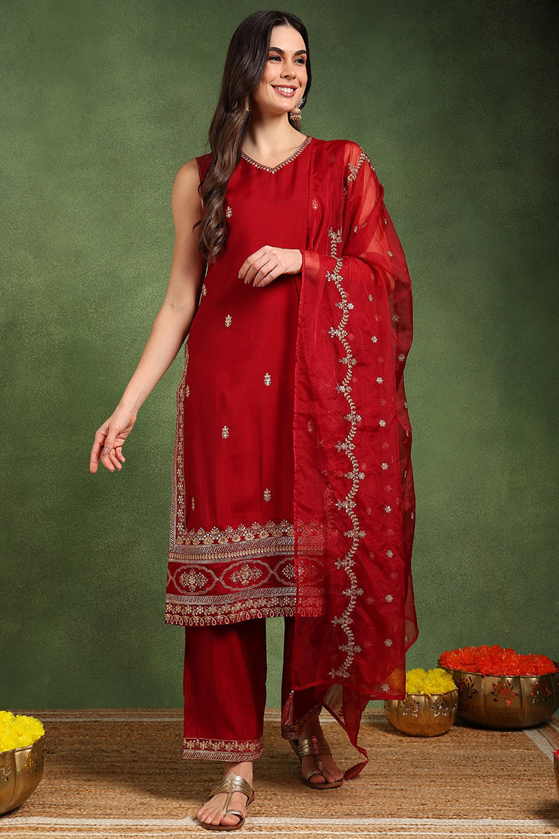 Maroon Silk Blend Solid Embroidered Straight Palazzo Suit Set PKSKD2727
