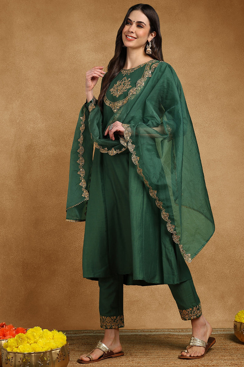 Green Silk Blend Solid Embroidered Anarkali Suit Set PKSKD2733