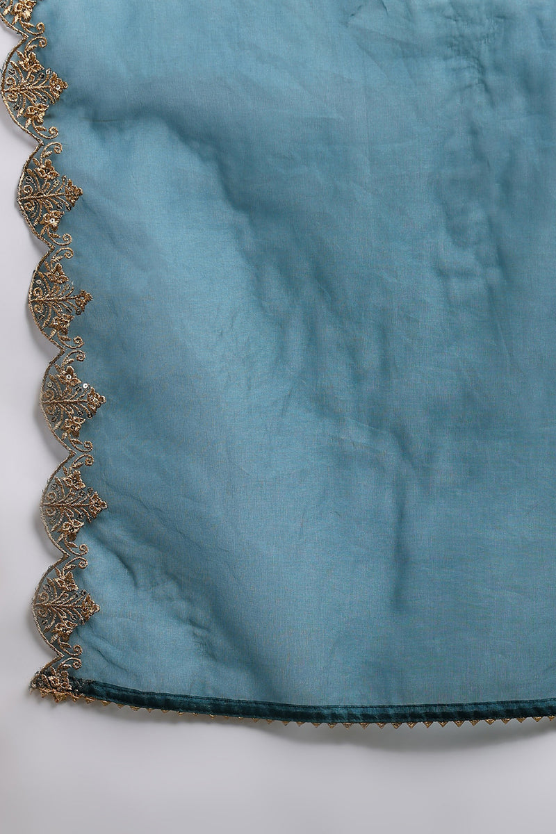 Teal Blue Silk Blend Solid Embroidered Anarkali Suit Set PKSKD2735