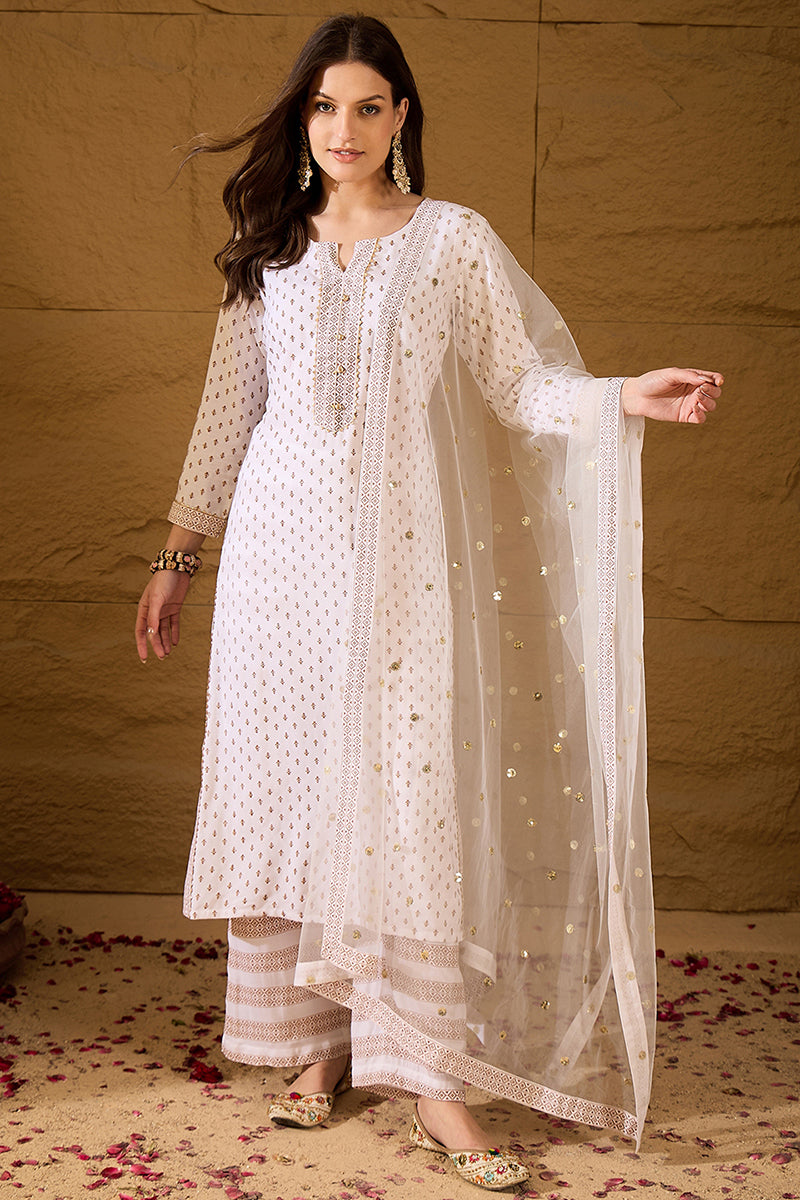 White Viscose Rayon Ethnic Motifs Printed Straight Suit Set PKSKD2775