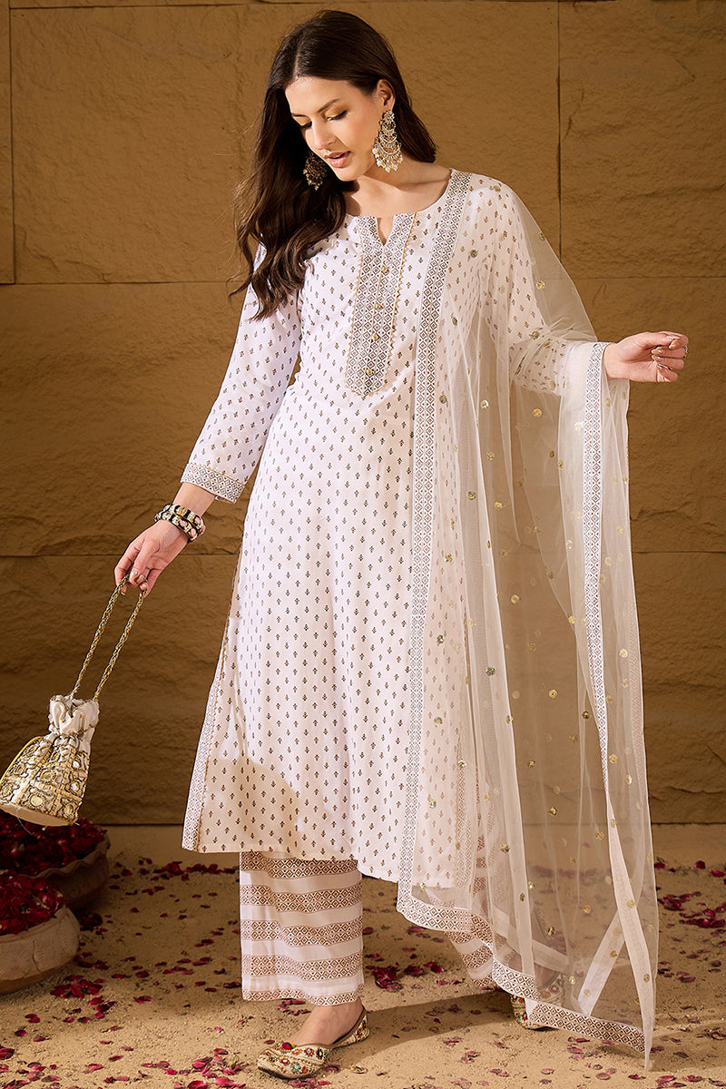 White Viscose Rayon Ethnic Motifs Printed Straight Suit Set PKSKD2775