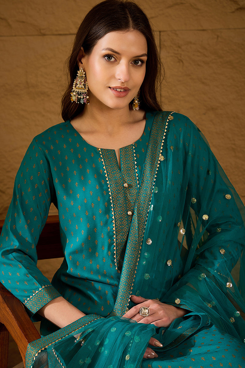 Teal Viscose Rayon Ethnic Motifs Printed Straight Suit Set PKSKD2779