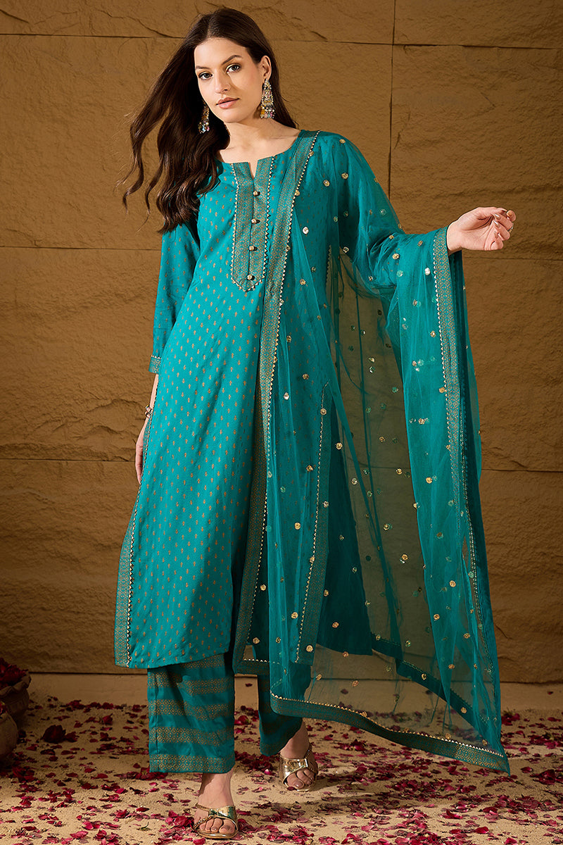 Teal Viscose Rayon Ethnic Motifs Printed Straight Suit Set PKSKD2779