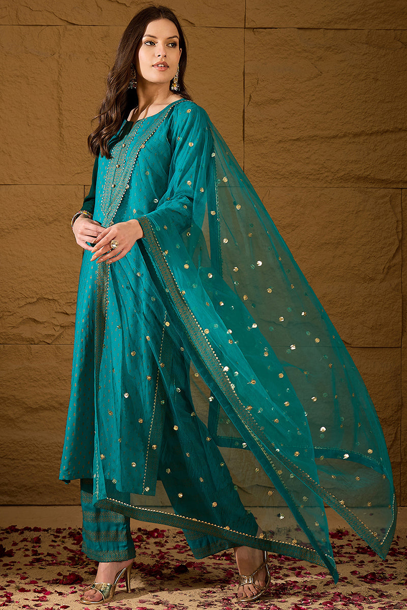Teal Viscose Rayon Ethnic Motifs Printed Straight Suit Set PKSKD2779